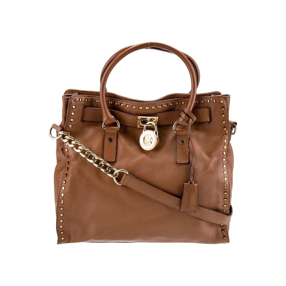 Michael Kors Hamilton Large Studded Leather Satchel Tote Bag Brown Gold Lock Key